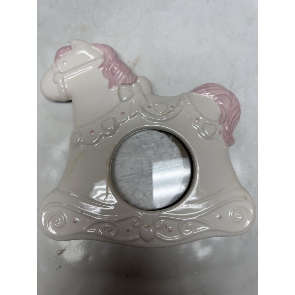 Vintage 1991‎ Pink Rocking Horse Picture Frame Ceramic Nursery Baby Room Decor